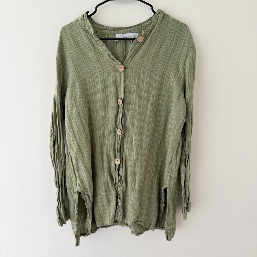 Willow 100% Linen Top Womens‎ L Green Lagenlook Boho Artsy Oversized Cottagecore